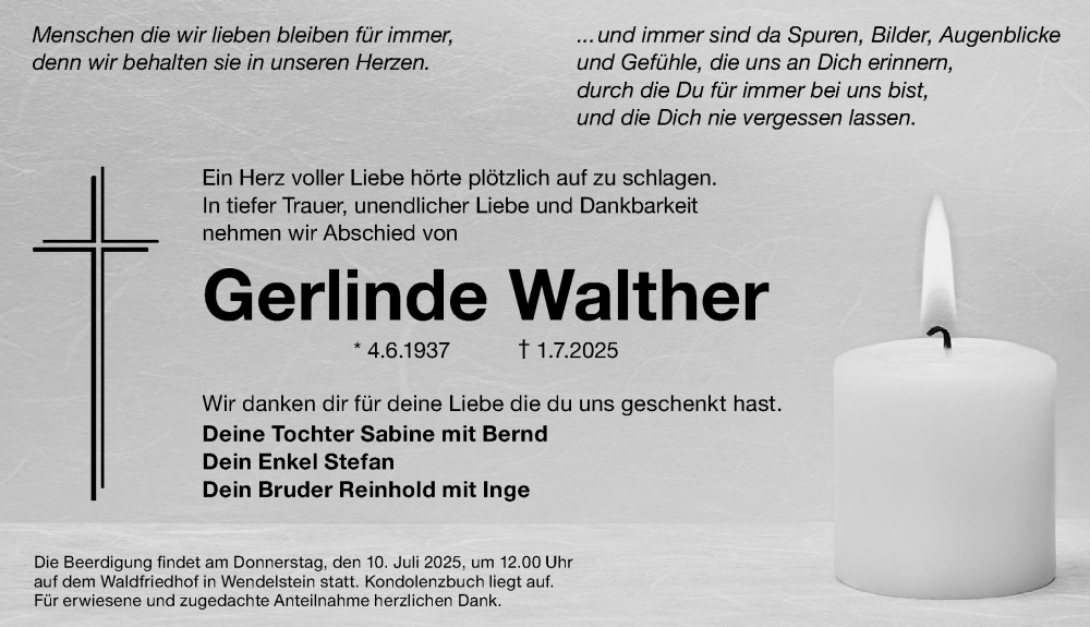  Traueranzeige für Gerlinde Walther vom 05.07.2025 aus Gesamtausgabe Nürnberger Nachrichten/ Nürnberger Ztg.