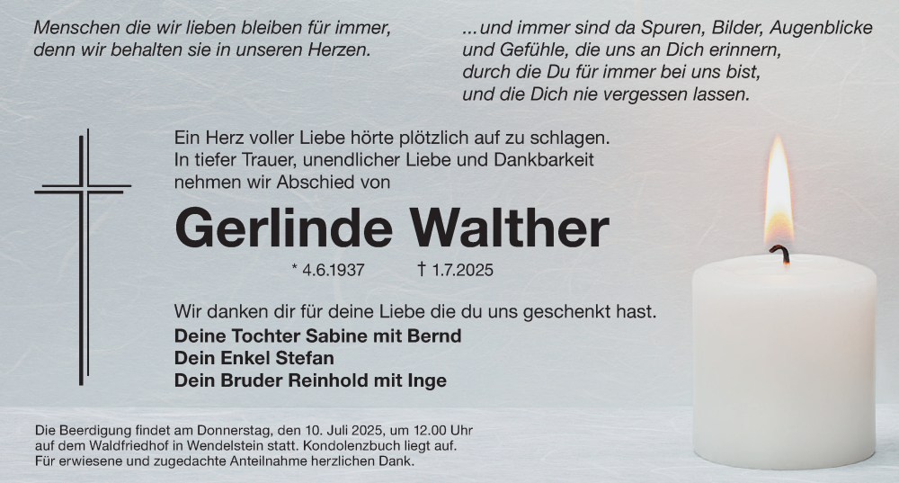  Traueranzeige für Gerlinde Walther vom 05.07.2025 aus Schwabacher Tagblatt Lokal