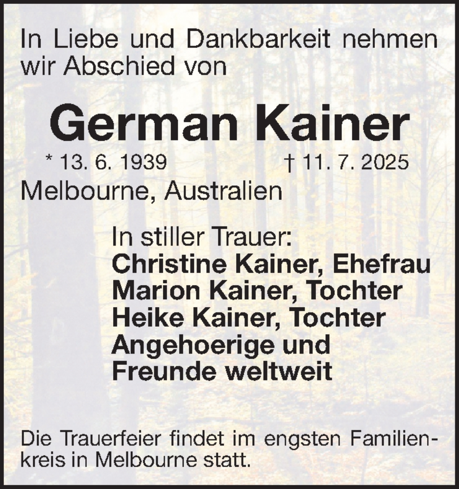  Traueranzeige für German Kainer vom 17.07.2025 aus Erlanger Nachrichten/ Nordbayer. Nachrichten Forchheim