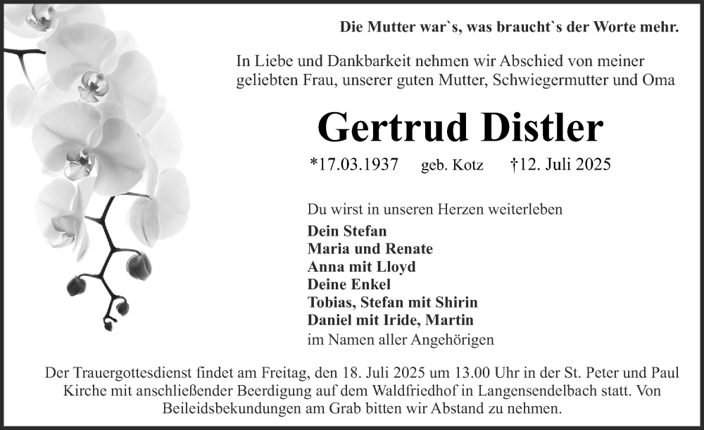  Traueranzeige für Gertrud Distler vom 16.07.2025 aus Erlanger Nachrichten Lokal