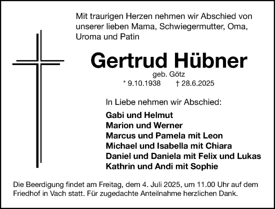 Traueranzeige von Gertrud Hübner von Fürther Nachrichten Lokal