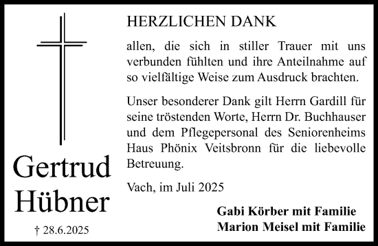 Traueranzeige von Gertrud Hübner von Fürther Nachrichten Lokal