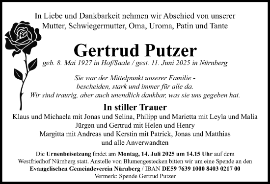 Traueranzeige von Gertrud Putzer von Gesamtausgabe Nürnberger Nachrichten/ Nürnberger Ztg.