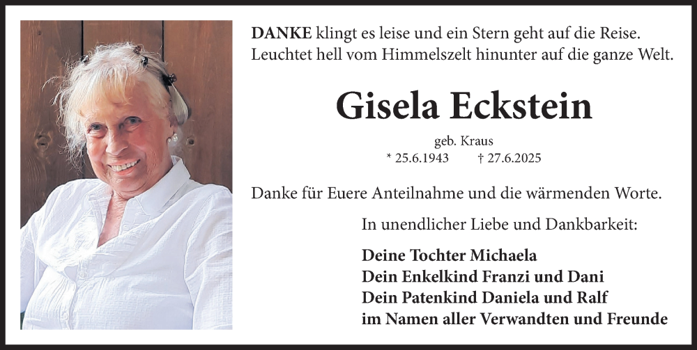  Traueranzeige für Gisela Eckstein vom 12.07.2025 aus Fürther Nachrichten Lokal