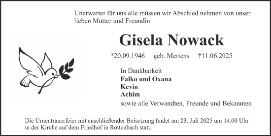 Traueranzeige von Gisela Nowack von Erlanger Nachrichten Lokal