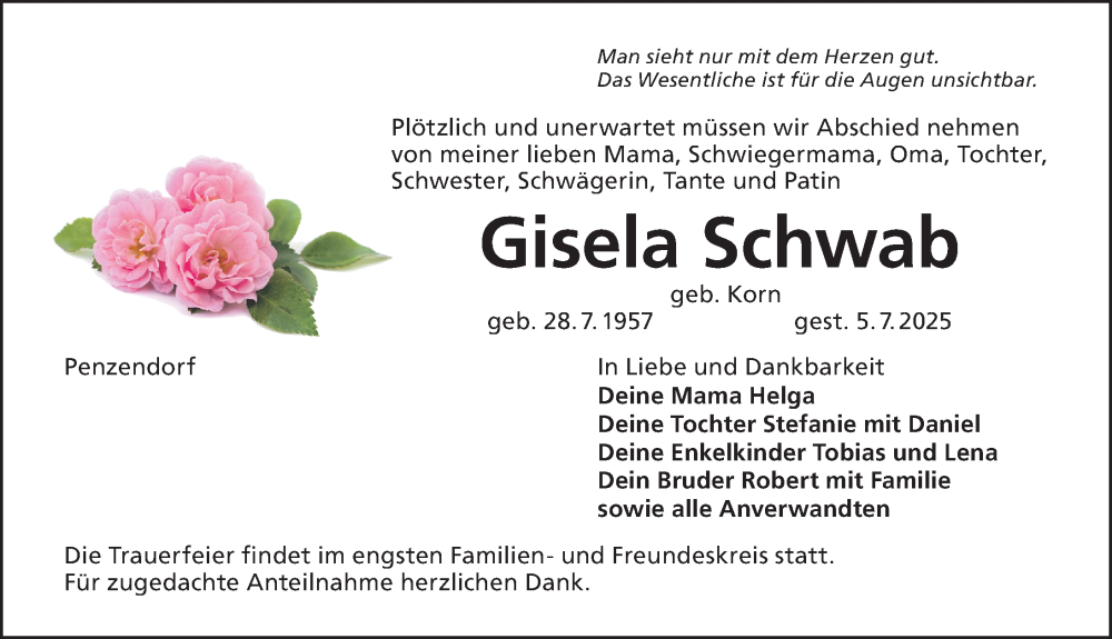  Traueranzeige für Gisela Schwab vom 12.07.2025 aus Schwabacher Tagblatt Lokal