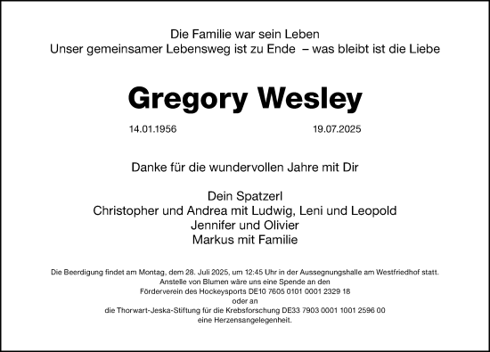 Traueranzeige von Gregory Wesley von Gesamtausgabe Nürnberger Nachrichten/ Nürnberger Ztg.