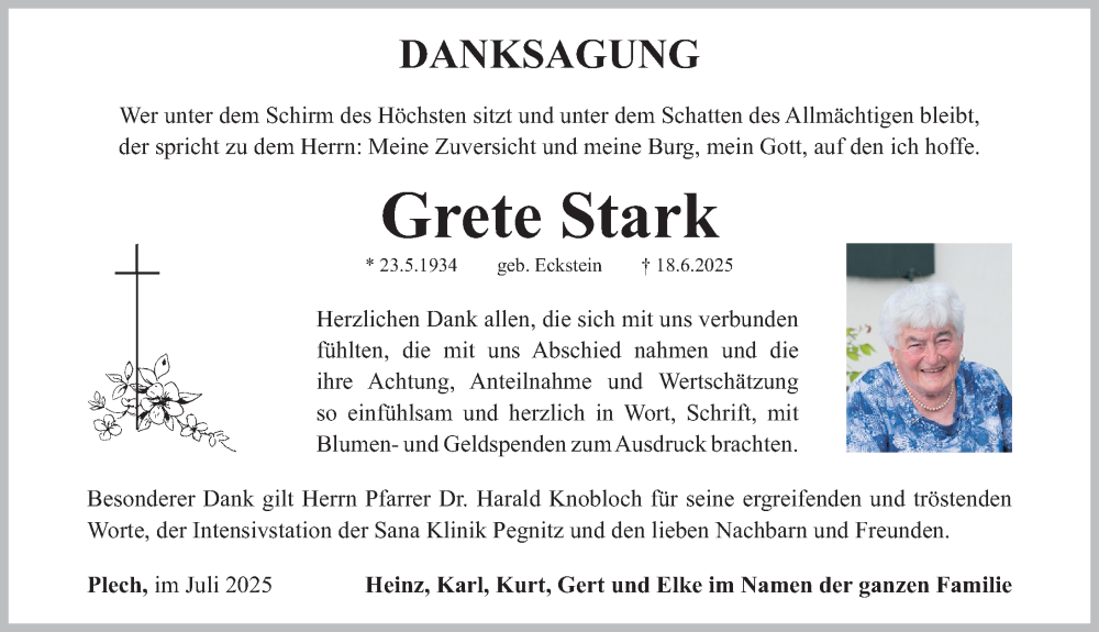  Traueranzeige für Grete Stark vom 08.07.2025 aus Nordbayerische Nachrichten Pegnitz Lokal
