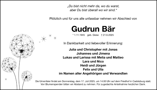 Traueranzeige von Gudrun Bär von Fürther Nachrichten Lokal