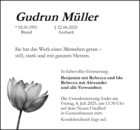 Traueranzeige von Gudrun Müller von Altmühl-Bote Lokal