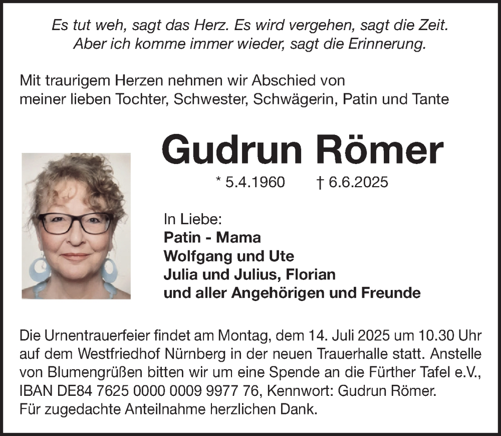  Traueranzeige für Gudrun Römer vom 05.07.2025 aus Gesamtausgabe Nürnberger Nachrichten/ Nürnberger Ztg.