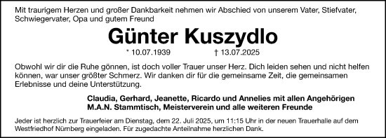 Traueranzeige von Günter Kuszydlo von Gesamtausgabe Nürnberger Nachrichten/ Nürnberger Ztg.