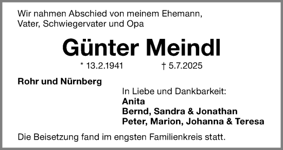 Traueranzeige von Günter Meindl von Gesamtausgabe Nürnberger Nachrichten/ Nürnberger Ztg.