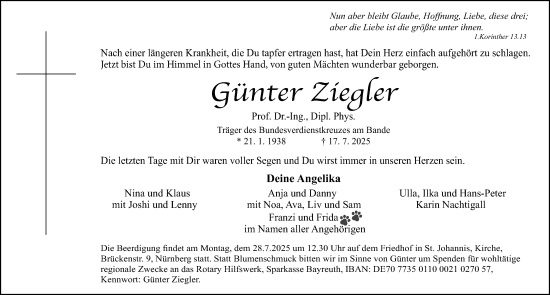 Traueranzeige von Günter Ziegler von Gesamtausgabe Nürnberger Nachrichten/ Nürnberger Ztg.