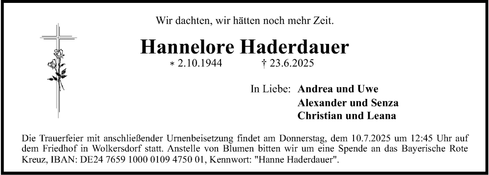  Traueranzeige für Hannelore Haderdauer vom 05.07.2025 aus Gesamtausgabe Nürnberger Nachrichten/ Nürnberger Ztg.