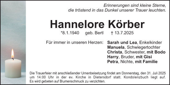Traueranzeige von Hannelore Körber von Schwabacher Tagblatt Lokal
