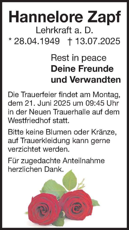 Traueranzeige von Hannelore Zapf von Gesamtausgabe Nürnberger Nachrichten/ Nürnberger Ztg.