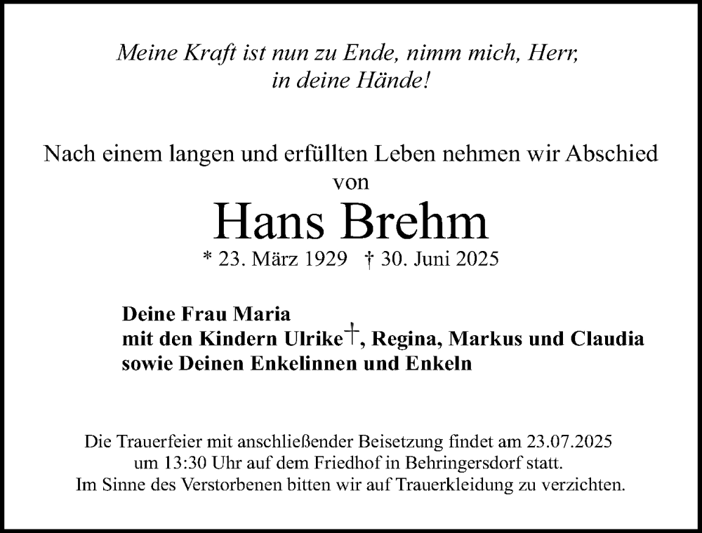  Traueranzeige für Hans Brehm vom 19.07.2025 aus Gesamtausgabe Nürnberger Nachrichten/ Nürnberger Ztg.