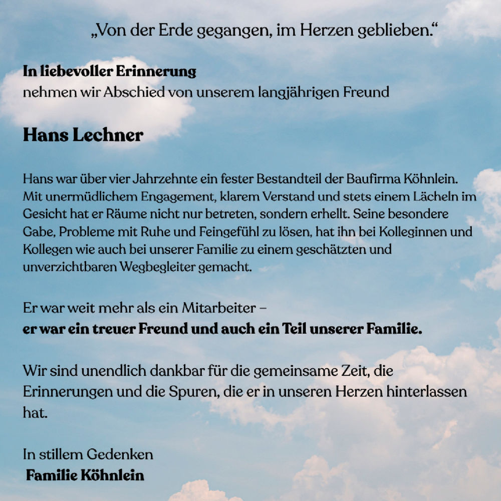  Traueranzeige für Hans Lechner vom 05.07.2025 aus Altmühl-Bote Lokal