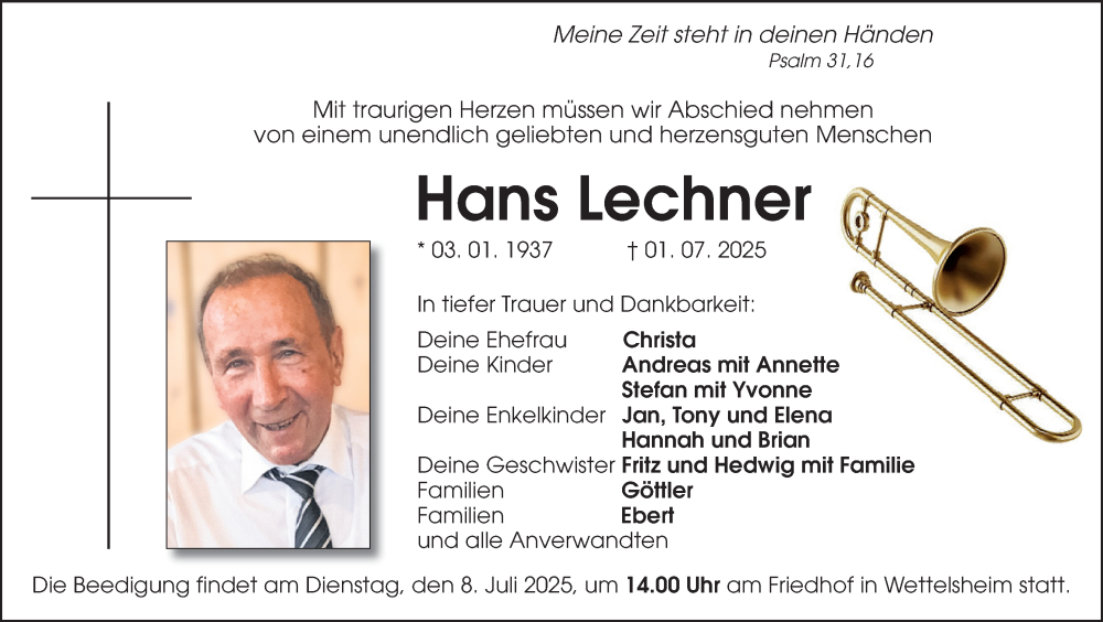  Traueranzeige für Hans Lechner vom 05.07.2025 aus Altmühl-Bote Lokal