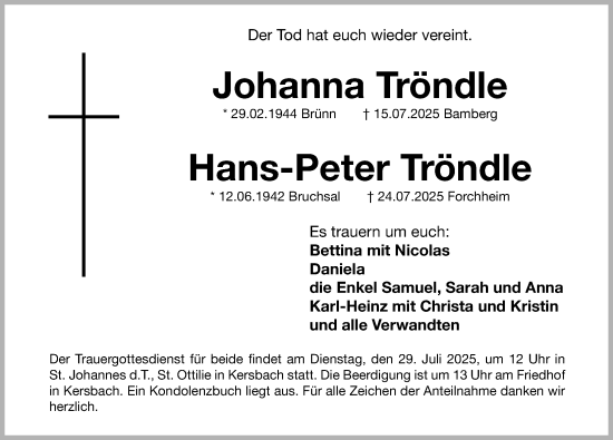 Traueranzeige von Hans-Peter Tröndle von Nordbayer. Nachrichten Forchheim/ Erlanger Nachrichten