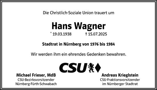 Traueranzeige von Hans Wagner von Gesamtausgabe Nürnberger Nachrichten/ Nürnberger Ztg.