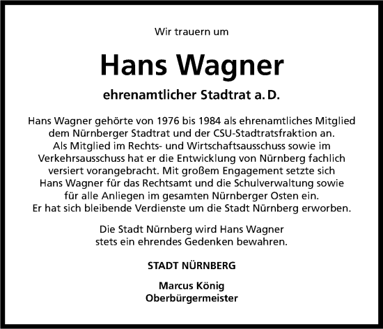 Traueranzeige von Hans Wagner von Gesamtausgabe Nürnberger Nachrichten/ Nürnberger Ztg.