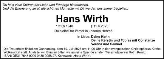 Traueranzeige von Hans Wirth von Gesamtausgabe Nürnberger Nachrichten/ Nürnberger Ztg.