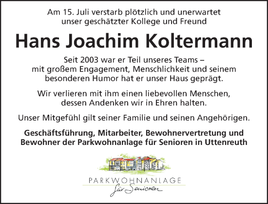 Traueranzeige von Hans Joachim Koltermann von Erlanger Nachrichten Lokal