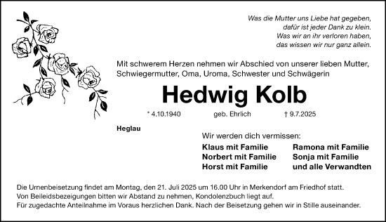 Traueranzeige von Hedwig Kolb von Altmühl-Bote Lokal