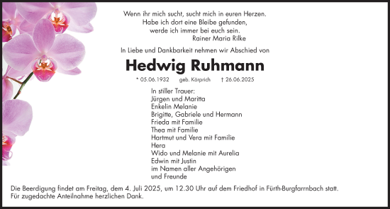 Traueranzeige von Hedwig Ruhmann von Fürther Nachrichten Lokal