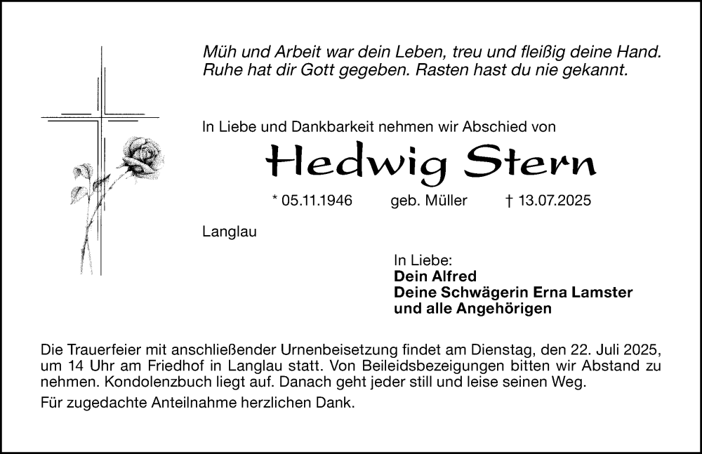  Traueranzeige für Hedwig Stern vom 19.07.2025 aus Altmühl-Bote Lokal