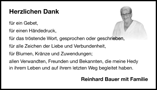Traueranzeige von Hedy Bauer von Gesamtausgabe Nürnberger Nachrichten/ Nürnberger Ztg.