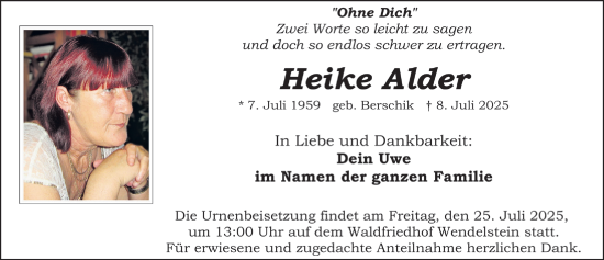 Traueranzeige von Heike Alder von Schwabacher Tagblatt Lokal