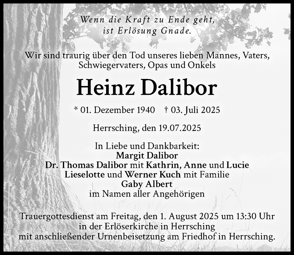  Traueranzeige für Heinz Dalibor vom 19.07.2025 aus Fürther Nachrichten/ Erlanger Nachrichten