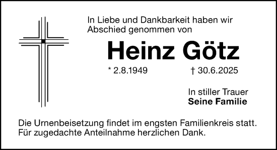 Traueranzeige von Heinz Götz von Gesamtausgabe Nürnberger Nachrichten/ Nürnberger Ztg.