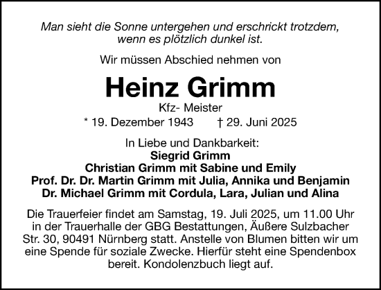 Traueranzeige von Heinz Grimm von Gesamtausgabe Nürnberger Nachrichten/ Nürnberger Ztg.