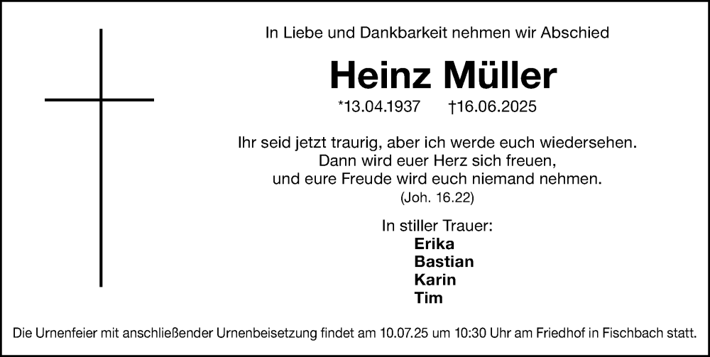 Traueranzeige für Heinz Müller vom 05.07.2025 aus Gesamtausgabe Nürnberger Nachrichten/ Nürnberger Ztg.