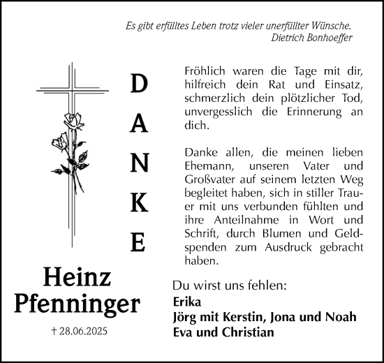 Traueranzeige von Heinz Pfenninger von Altmühl-Bote Lokal