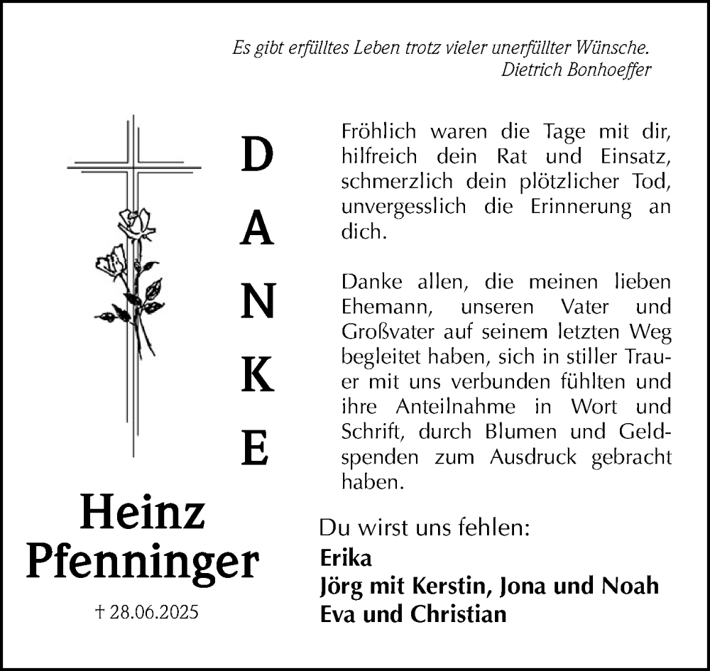  Traueranzeige für Heinz Pfenninger vom 26.07.2025 aus Altmühl-Bote Lokal