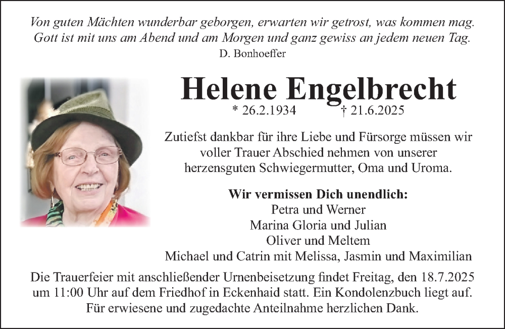  Traueranzeige für Helene Engelbrecht vom 12.07.2025 aus Gesamtausgabe Nürnberger Nachrichten/ Nürnberger Ztg.