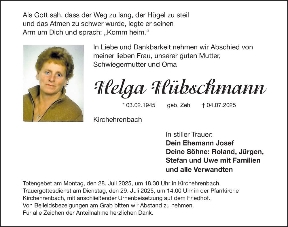  Traueranzeige für Helga Hübschmann vom 19.07.2025 aus Nordbayerische Nachrichten Forchheim Lokal