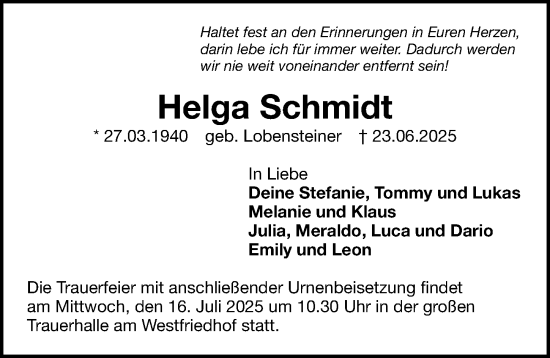 Traueranzeige von Helga Schmidt von Gesamtausgabe Nürnberger Nachrichten/ Nürnberger Ztg.