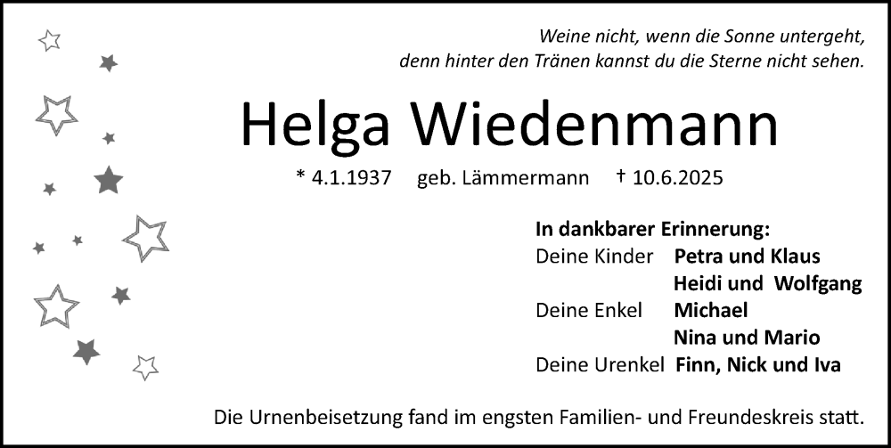  Traueranzeige für Helga Wiedenmann vom 12.07.2025 aus Gesamtausgabe Nürnberger Nachrichten/ Nürnberger Ztg.