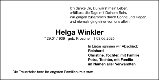 Traueranzeige von Helga Winkler von Gesamtausgabe Nürnberger Nachrichten/ Nürnberger Ztg.