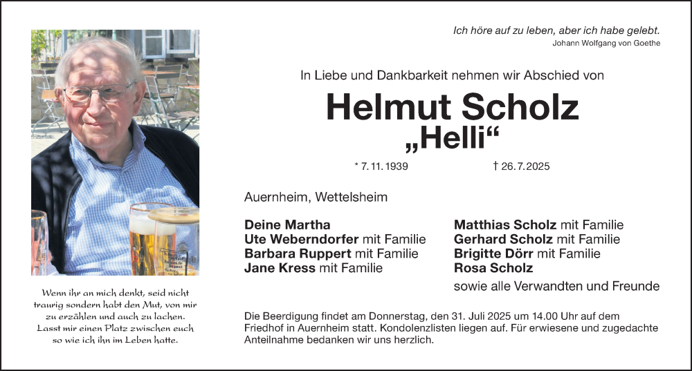  Traueranzeige für Helmut Scholz vom 29.07.2025 aus Weißenburger Tagblatt u.Treuchtlinger Kurier Lokal