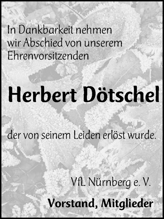 Traueranzeige von Herbert Dötschel von Gesamtausgabe Nürnberger Nachrichten/ Nürnberger Ztg.
