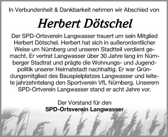 Traueranzeige von Herbert Dötschel von Gesamtausgabe Nürnberger Nachrichten/ Nürnberger Ztg.