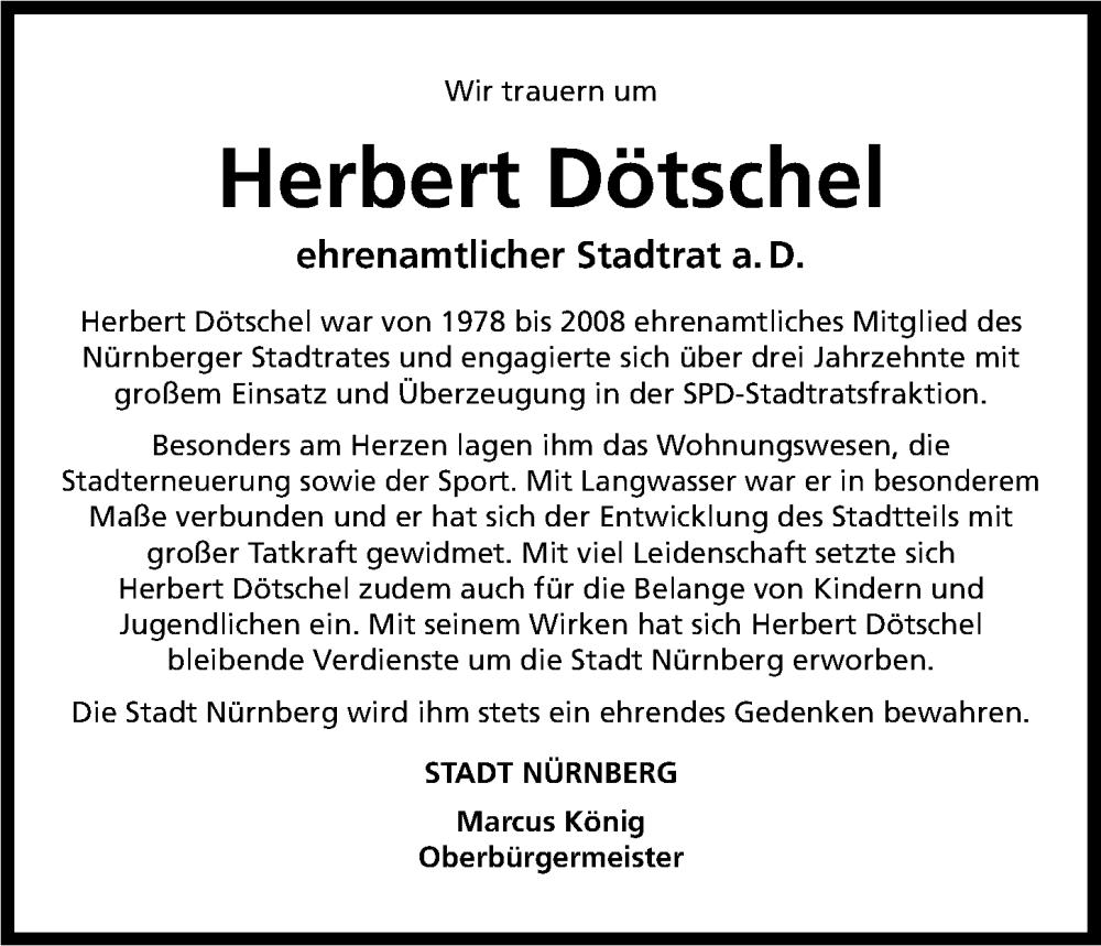  Traueranzeige für Herbert Dötschel vom 26.07.2025 aus Gesamtausgabe Nürnberger Nachrichten/ Nürnberger Ztg.