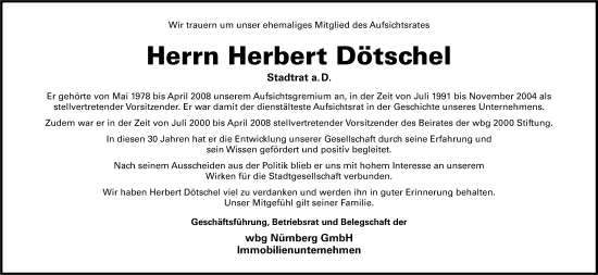 Traueranzeige von Herbert Dötschel von Gesamtausgabe Nürnberger Nachrichten/ Nürnberger Ztg.